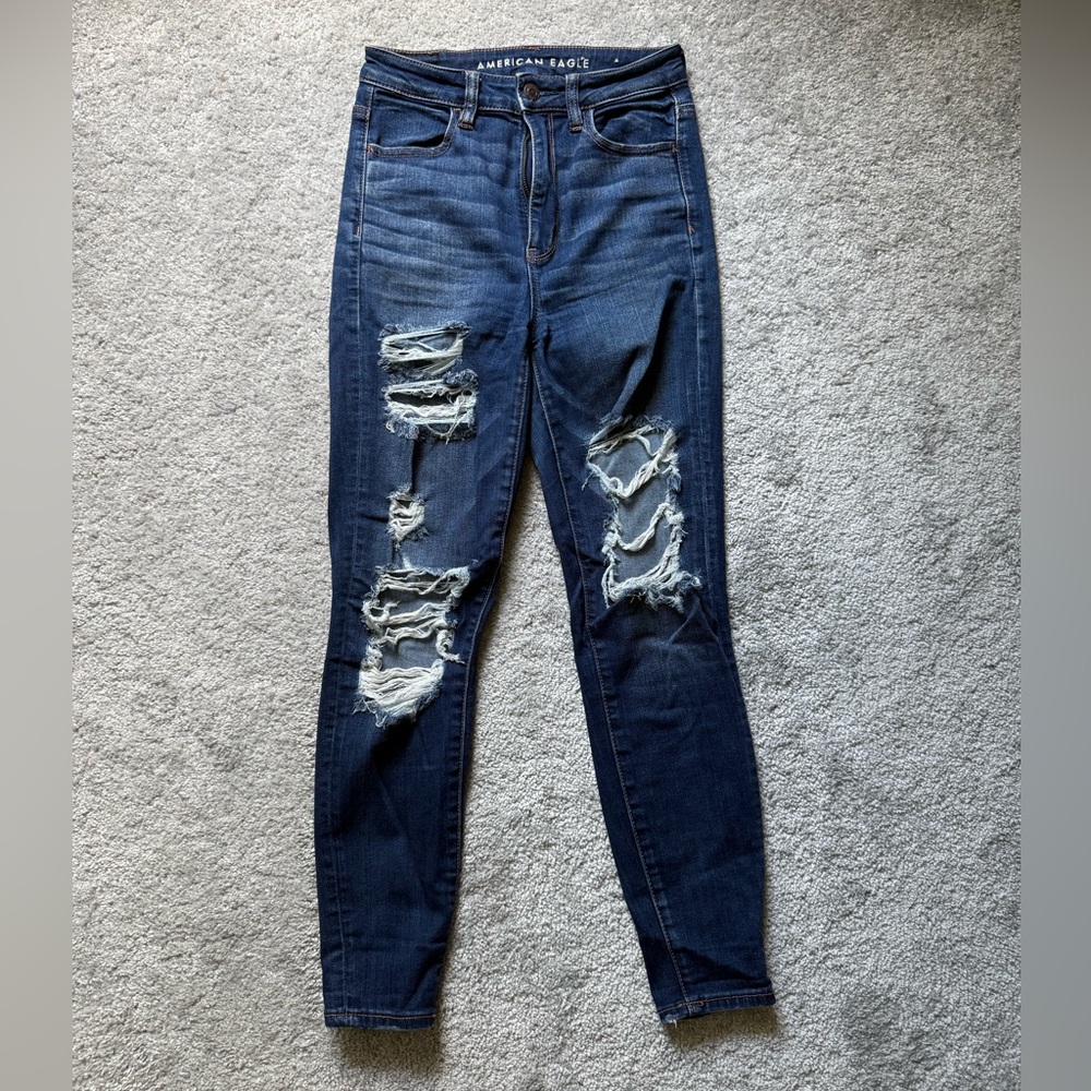 American Eagle Outfitters Women's Dark Blue Distressed Skinny Jeans